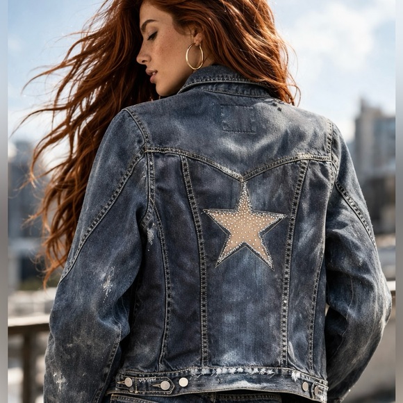 Aeropostale Jackets & Blazers - Rhinestone Inlaid Star Patched Upcycled Distressed Blue Black Denim Jean Jacket